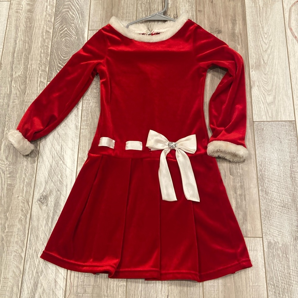 Lovely Dollie & Me Girls Holiday Dress Long Sleeve Red Faux fur Bow Perfect Cond